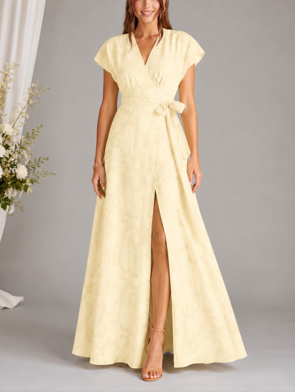 Azazie Pale Yellow Floral Wrap Maxi Dress